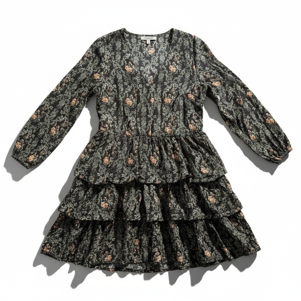 Wrangler Retro‎ Dress XL Black Floral Tiered Ruffle Long Sleeve Cottagecore
